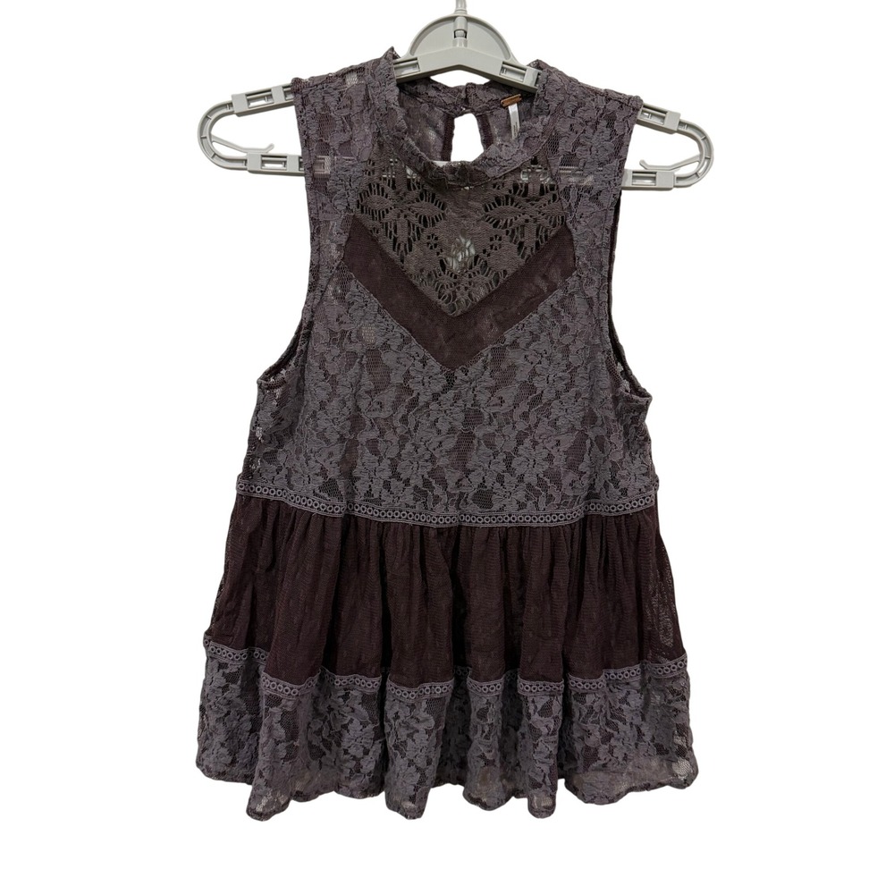 Free People Womens Plum Purple Lace Tiered Babydoll Sleeveless Mock Neck Top S